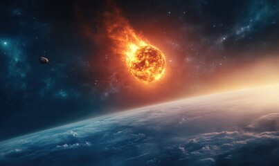 Obraz premium Fiery meteoroid hurtling towards planet.