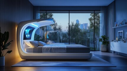 Futuristic bedroom with an AI-powered bed offering personalized sleep experiences