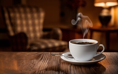 January blues, Cozy coffee cup steaming on wooden table (1)