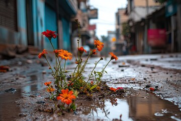 Urban floral vitality amid decaying infrastructure with natural lighting focus, compelling imagery for humanitarian reports and environmental blogs.