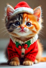Cute little kitten in a red sweater and a Santa Claus hat