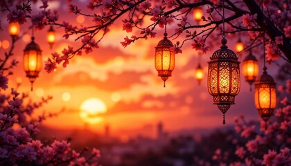 Lanterns on a background of cherry blossoms and sunset