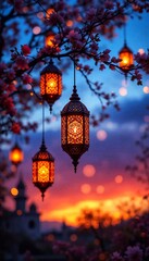 Lanterns in the garden with cherry blossoms at sunset