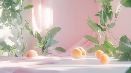 Peaches, leaves, pink fabric, sunlight, studio backdrop