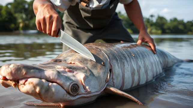 With a suitable knife, an experienced and professional fisherman cleans and dismantles an Arapaima gigas, a family of the Arapaimidae, also known as pirarucu, in just a few minutes. Amazon, Brazil.