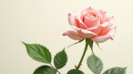 A single delicate light pink rose blossom with lush green leaves, elegantly presented against a soft, neutral backdrop.