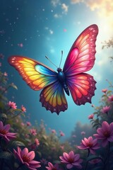 Magical moth with rainbow-colored wings flying in a dreamy landscape, fantasy, butterfly