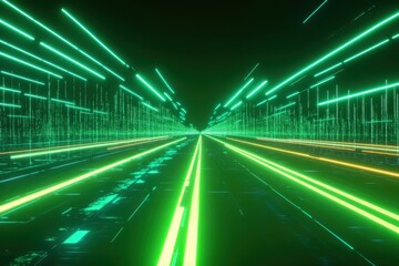 Neon green lines form a digital highway. Ideal for tech, data, and futuristic concepts.