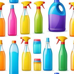 Summer cleaning. Colorful set of bottles with clining liquids and colorful cleaning kit on white background.