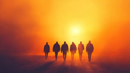 Fototapeta premium Silhouette of Five People Walking Towards a Vibrant Orange Sunset in a Misty Landscape