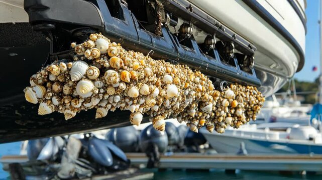 Boat hull covered with barnacles and seashells in a marina during daylight near the coast