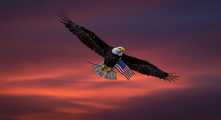 Obraz premium Majestic Bald Eagle Soaring at Sunset with American Flag