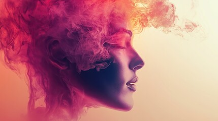 Fototapeta premium Abstract Portrait of a Woman in Profile with Vibrant Pink and Orange Smoke