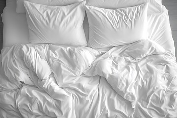 Unmade bed, white sheets, overhead view