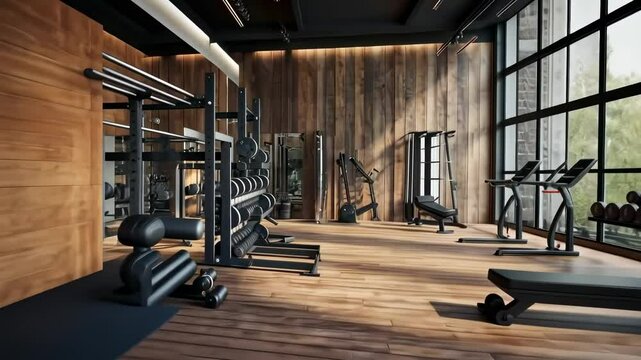 Modern gym interior with wooden accents, captured from a wide-angle perspective. Video showcases equipment and natural lighting through large windows.