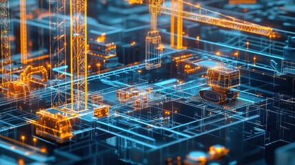 Obraz premium Futuristic Digital Construction Site with Holographic Tools and Equipment