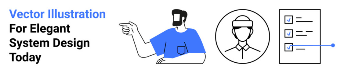 User pointing at system design tasks, profile avatar, and checklist. Ideal for technology, UIUX, workflow, management, software, analytics and flat landing page banner