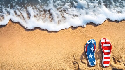 Patriotic Summer Beach Scene: Flip-Flops on Sandy Shore