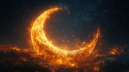 Fiery crescent moon rising above dark clouds in a starry night sky