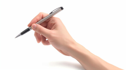 Pointing pen in the hand above white background