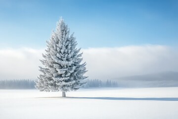 Fototapeta premium A single frosted pine tree in a vast snowy landscape, symbolizing resilience.