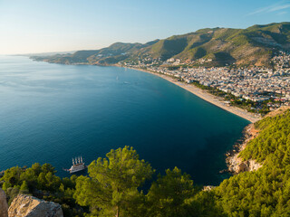Obraz premium A view of Cleopatra and Damlatas beach from above. Turkey's Mediterranean coastal tourism centres. Alanya district, Antalya province, Turkey country 