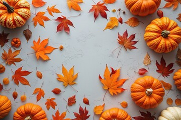 Fototapeta premium Cozy Autumn Background Featuring Orange Pumpkins and Colorful Fall Leaves on a Light Surface