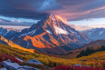 Fototapeta premium Vibrant Autumn Rain Colors Showcasing a Stunning View of Mt Timpanogos