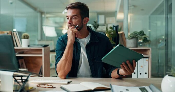 Accounting, tablet and writing with business man at desk in office for finance or planning. Audit, notebook and research with financial employee in workplace for bookkeeping or online tax review