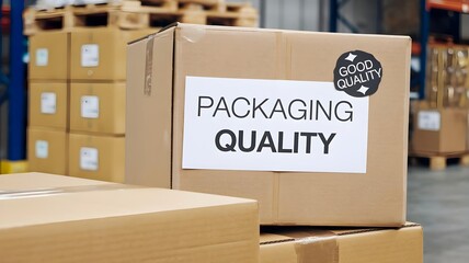shipping carton with a label that says "Packaging Quality" and a "Good Quality" sticker. The box is placed in a warehouse,packaging in logistics and shipping.