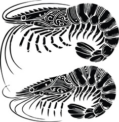 Create a shrimp fish silhouette  vector art  with white background.