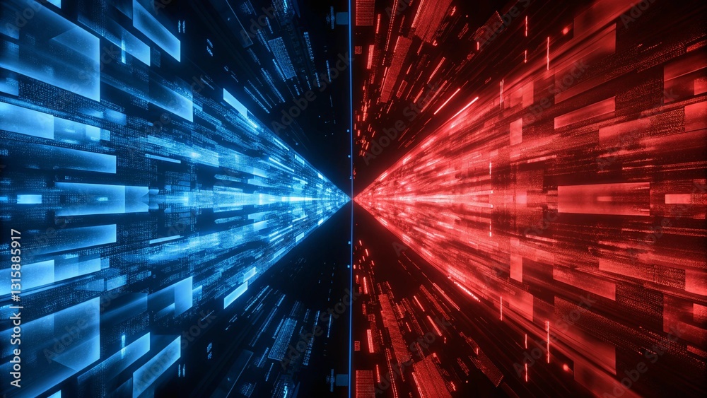 Poster technology background with two paths running in parallel. red and blue color scheme, technology feel