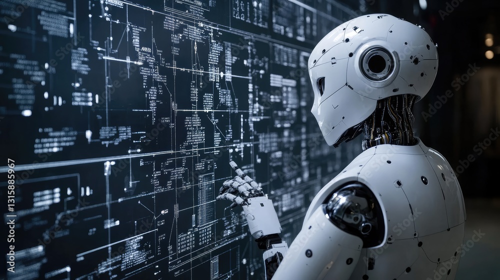 Poster agentic ai-powered robot analyzing complex data for independent decision-making.