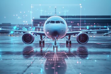 Fototapeta premium Airplane digital hologram in 3D, perfect for travel-related branding.