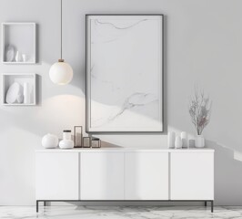 Minimalist white sideboard with a black framed artwork. a hanging pendant lamp. and decorative vases on a marble floor