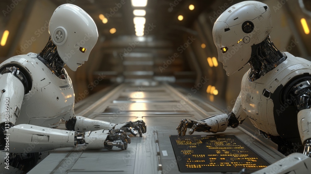 Poster agentic ai controlling robotic arms in an advanced automated factory.