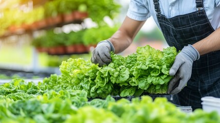 Person carefully harvesting fresh leafy greens in a greenhouse