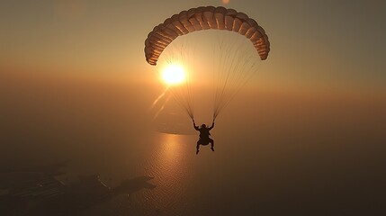 Paragliding at sunset over water.  A breathtaking view of a paraglider soaring through the air during a golden sunset over a tranquil ocean