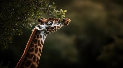 Fototapeta premium Giraffe feeding leaves african savanna wildlife natural habitat close-up view nature conservation concept