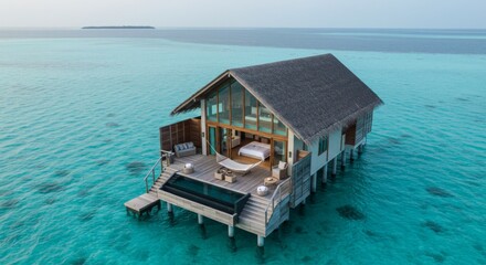 Fototapeta premium Luxury Overwater Bungalow with Hammock Overlooking Turquoise Ocean