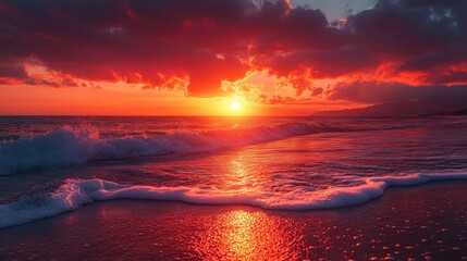 Fiery sunset over ocean waves crashing on sandy beach