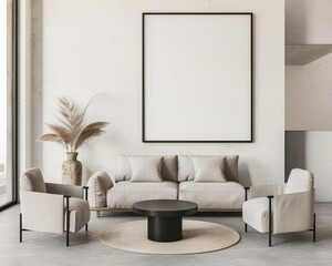 Modern living room interior with a beige sofa. two armchairs. a coffee table. a rug. and a large empty frame on the wall