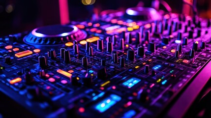 Fototapeta premium Illuminated DJ Mixer Board Capturing Vibrant Nightlife and Electronic Music