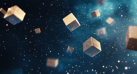 Floating metallic cubes in nebula.