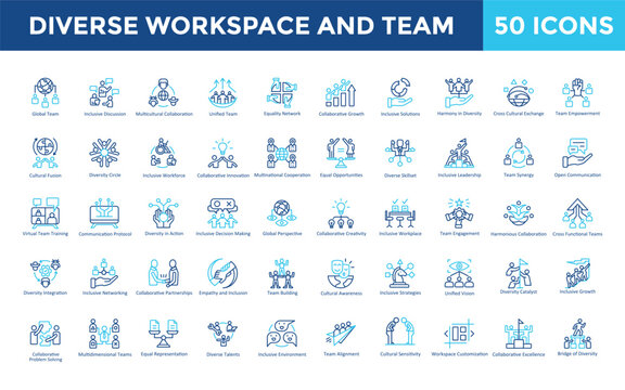 Diverse workspace and team icon set with global team, inclusive discussion, multicultural collaboration, unified team, equality network, collaborative growth icon. Simple outline color vector 
