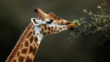 Giraffe feeding leaves african savanna wildlife natural habitat close-up view wildlife conservation awareness