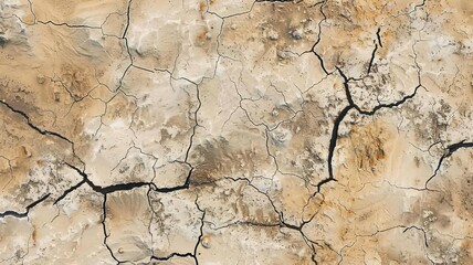 Fototapeta premium Aerial view of cracked dry earth with deep fissures, showcasing land subsidence and drought impact, environmental change and climate crisis concept. 