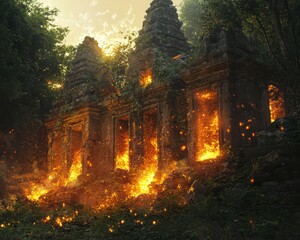 Fototapeta premium Ancient Temple Ruins Surrounded by Flames and Lush Greenery