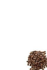 Closeup of a pile of organic whole roasted coffee beans isolated on a transparent background from above without shadow, top view, png