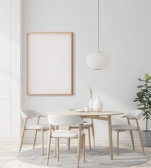 Minimalist dining room interior design with a blank frame. wooden table and chairs. and a pendant light